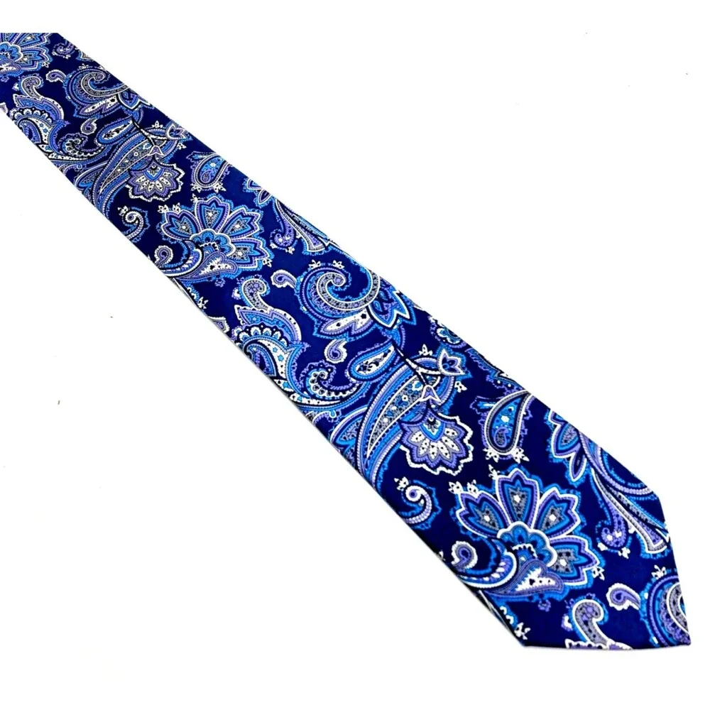 Countess Mara Tie Paisley Floral Blue Purple Repp Weave Silk Preppy Mob Luxury